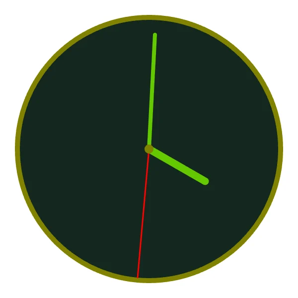 Analoge Uhr mit grünem Stunden- und Minutenzeiger und rotem Sekundenzeiger auf dunklem Zifferblatt