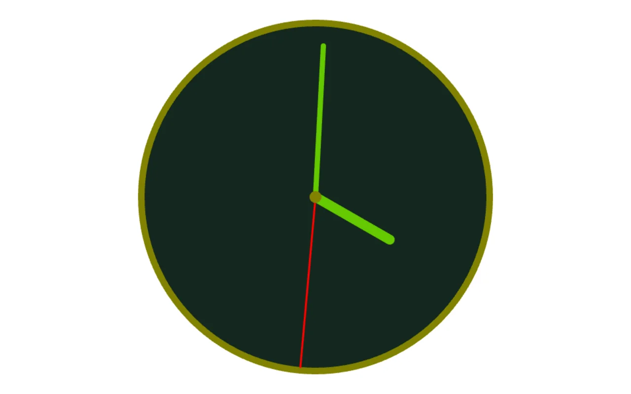 Analoge Uhr mit grünem Stunden- und Minutenzeiger und rotem Sekundenzeiger auf dunklem Zifferblatt