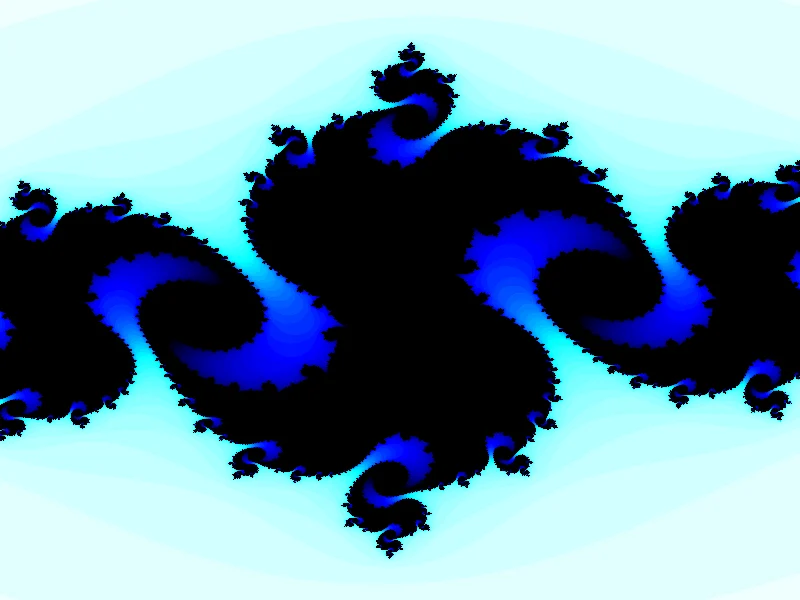 Julia-Menge in Schwarz und Blau mit spiralförmigen Armen auf hellem, türkisfarbenem Grund