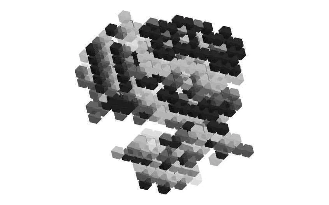 Game of Life in 3D: ein gedrehter Würfel aus vielen kleinen, teils durchscheinenden Würfeln