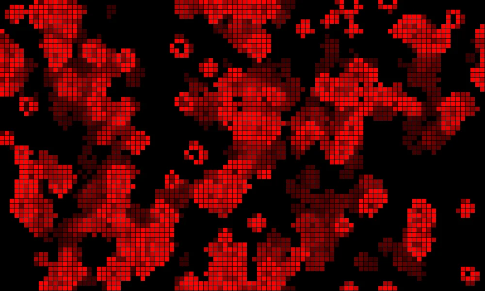 Game of Life: rote, teils verblassende Zellen auf schwarzem Raster
