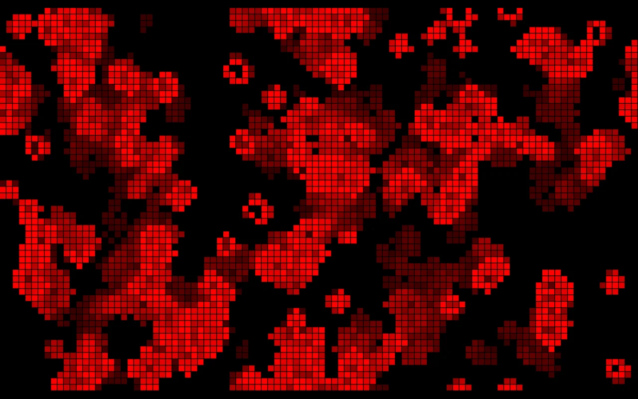 Game of Life: rote, teils verblassende Zellen auf schwarzem Raster