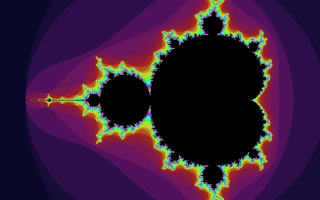 Farbige Mandelbrot-Menge: schwarze Apfelmännchen-Form mit leuchtenden blauen und violetten Rändern