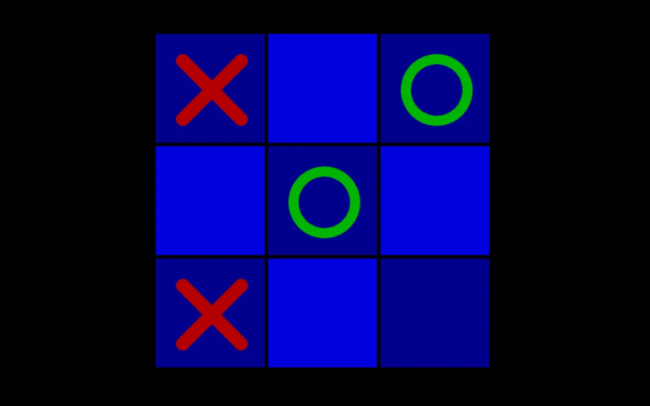 Tic-Tac-Toe-Brett mit blauen Feldern, grünen Kreisen und roten Kreuzen
