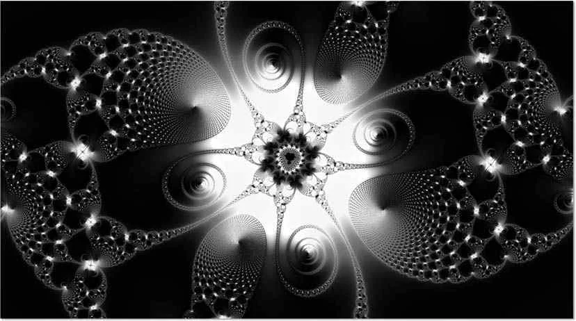 Ein Fraktal in Graustufen mit vielen Spiralen und feinen, sich wiederholenden Strukturen
