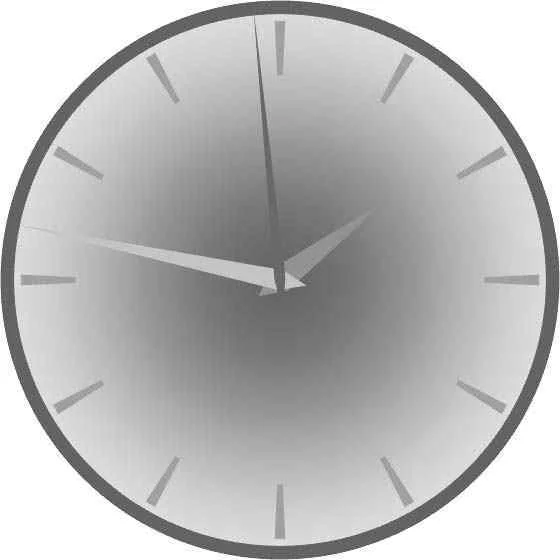Die OpenGL-Uhr von vorn: rundes Zifferblatt mit Verlauf von dunkler Mitte zu hellem Rand, zwölf Stundenstriche, drei spitze Zeiger