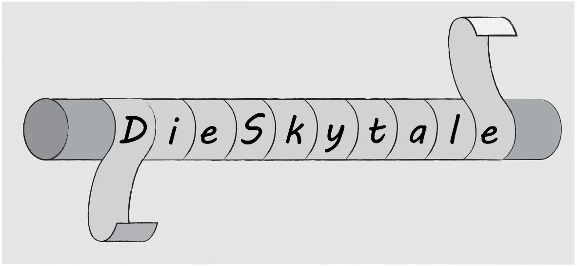 Ein Holzstab, um den ein Pergamentstreifen spiralförmig gewickelt ist; entlang des Stabes steht »DieSkytale«